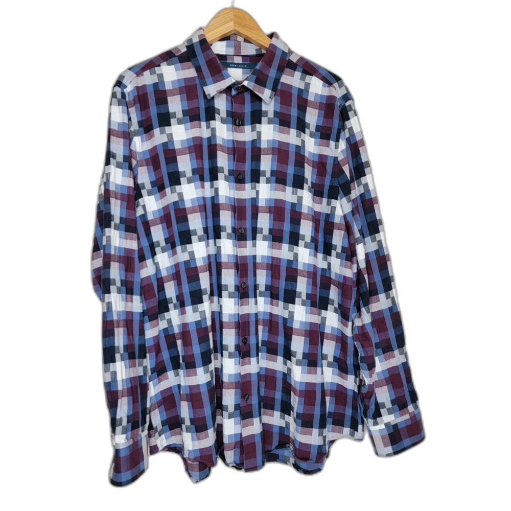 Perry Ellis Maroon & Blue Geometric Long Sleeve Button Shirt - 2XLT